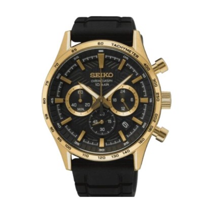 SEIKO SSB446P1 QUARTZ BLACK DIAL BLACK SILICONE STRAP MEN WATCH